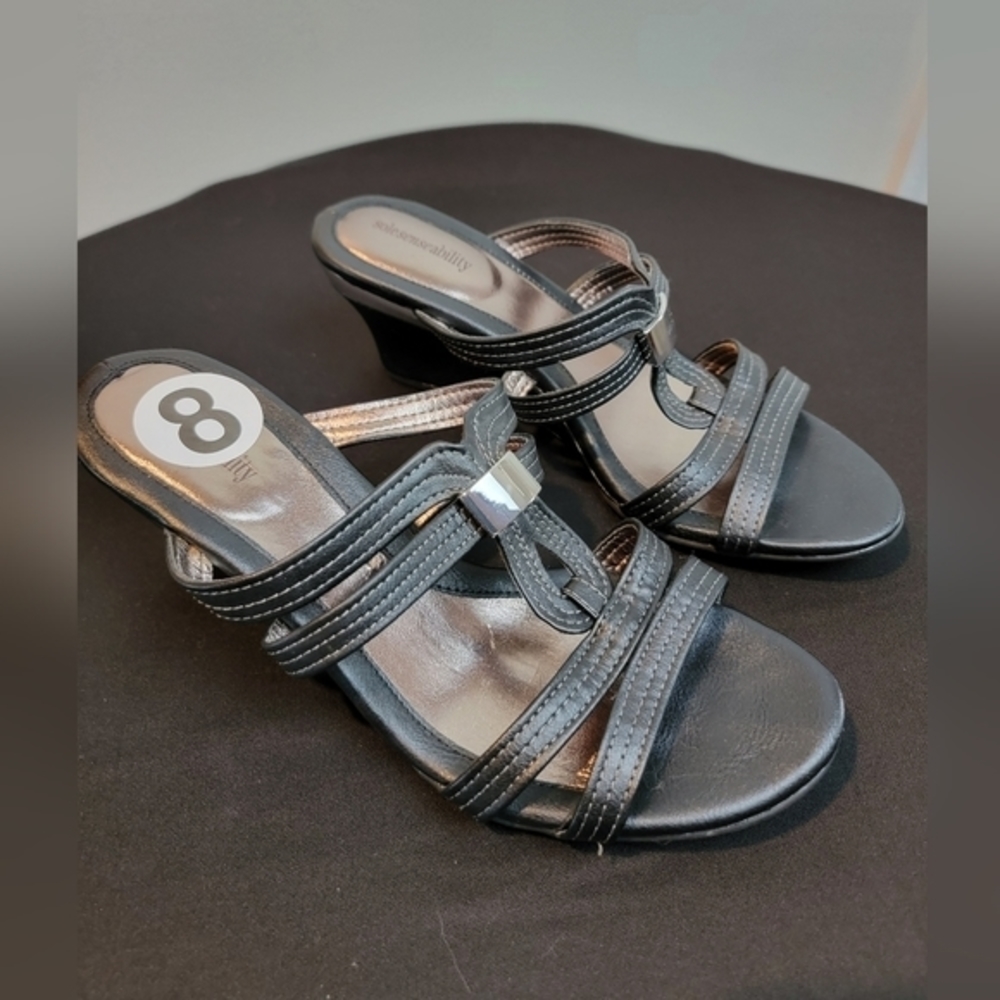 Sole Senseability Justine Black & Silver Wedge Sandals Size 8